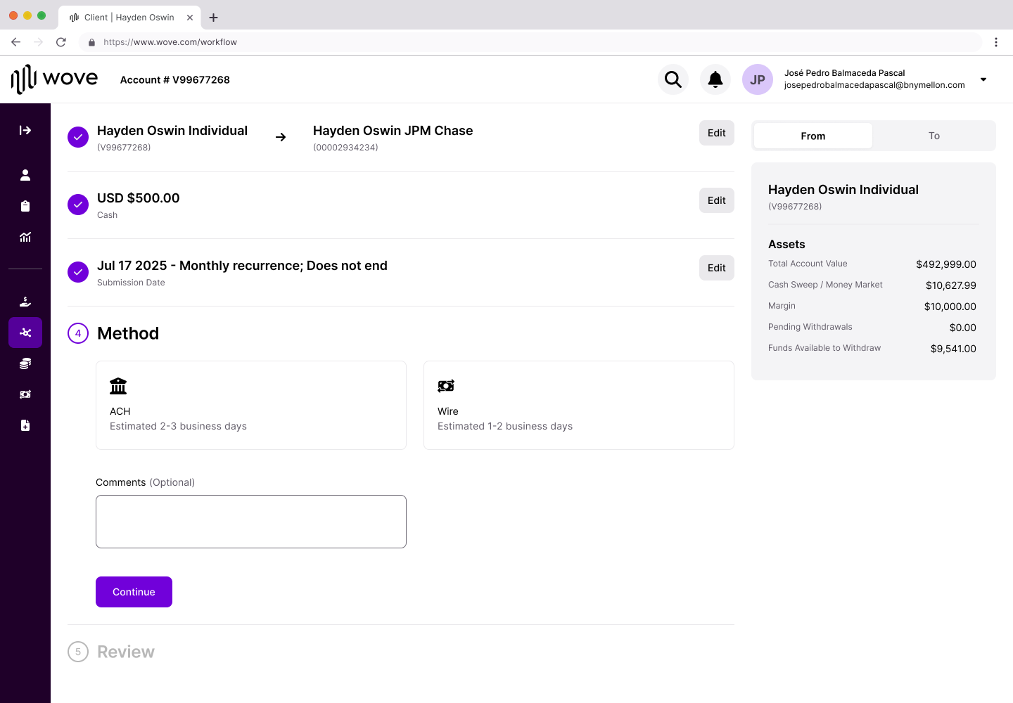 Method step showing ACH, Check, and Wire transfer options with estimated time and cost for each